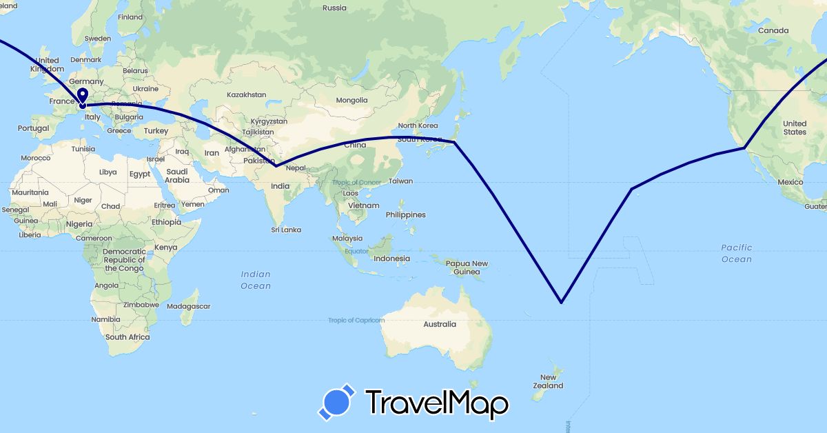 TravelMap itinerary: driving in Fiji, India, Italy, Japan, United States (Asia, Europe, North America, Oceania)